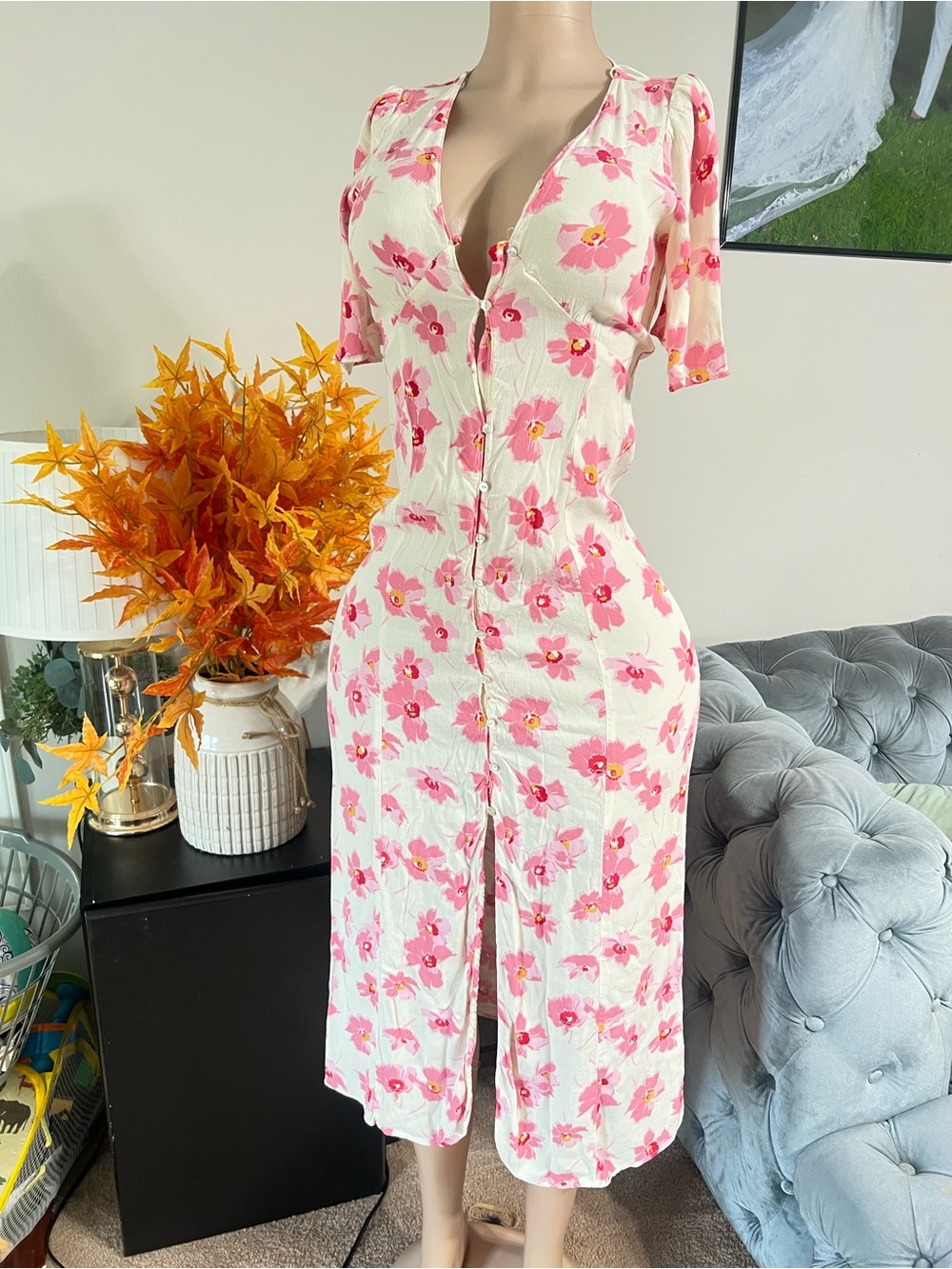 Zara Cream Midi Dress with Pink Floral Print